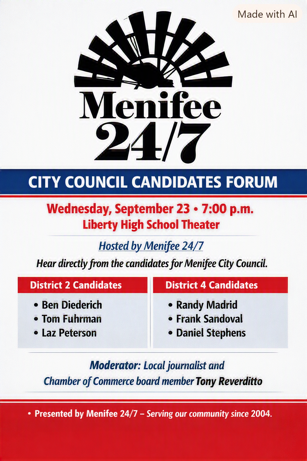Menifee 24/7 Candidates Forum will allow live audience questions